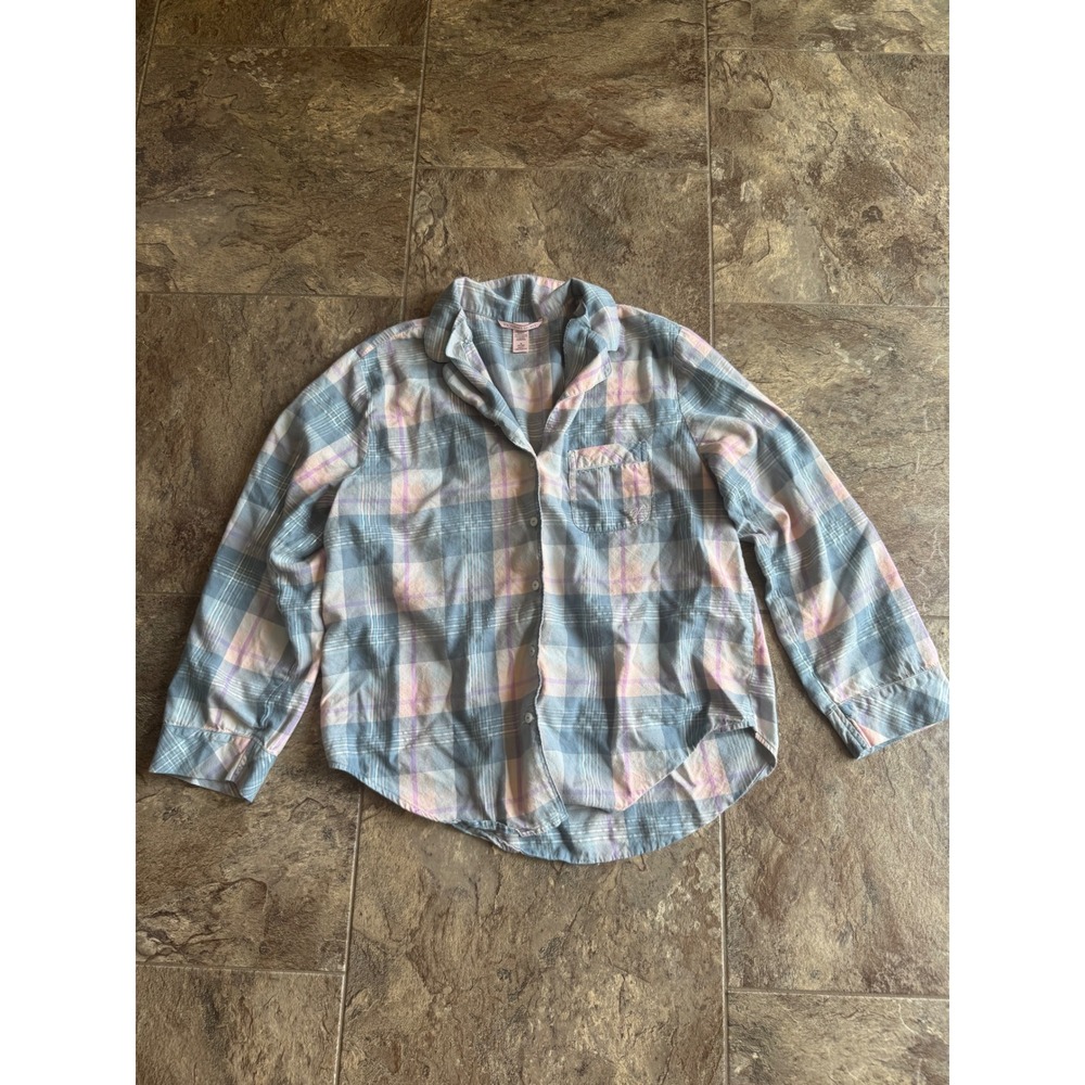 Victoria's Secret Pajama Top Blue Pink Plaid Button Down Sleep‎ Shirt Womens M